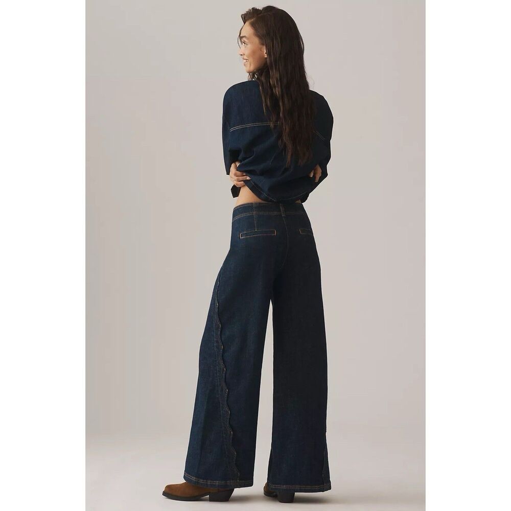 Maeve Anthropologie Scallop Edge High Rise Wide Leg Jeans Dark Denim Size 30 NWT - Picture 10 of 11